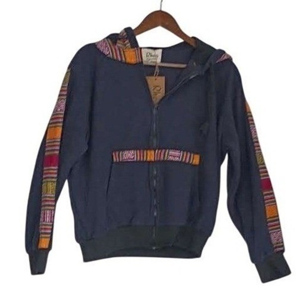 NWT RHEA Artisan Fleece Hoodie Jacket L Large Navy Blue Boho Trim Zip Up Unisex